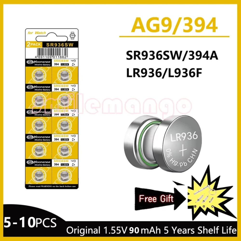 5-10PCS 1.55V AG9 50mAh Button Cell LR936 394 SR936SW CX194 LR45  G9A 194 394A SR936 L936F Cell Coin Watch Toys Remote Battery