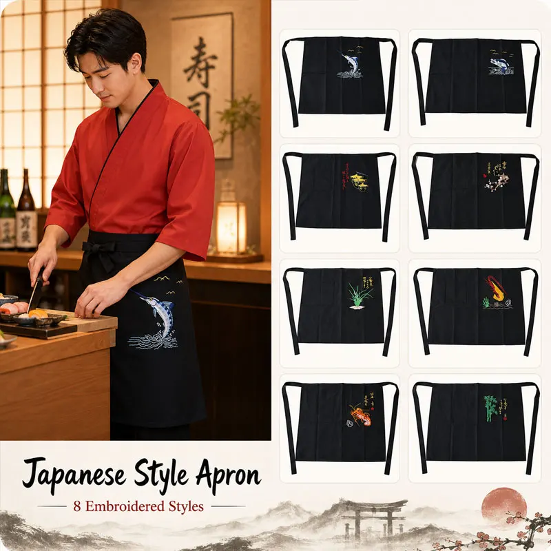 Embroidered Japanese Chef Apron Cooking Service Apron with Traditional Pattern for Restaurant Kitchen Culinary Use