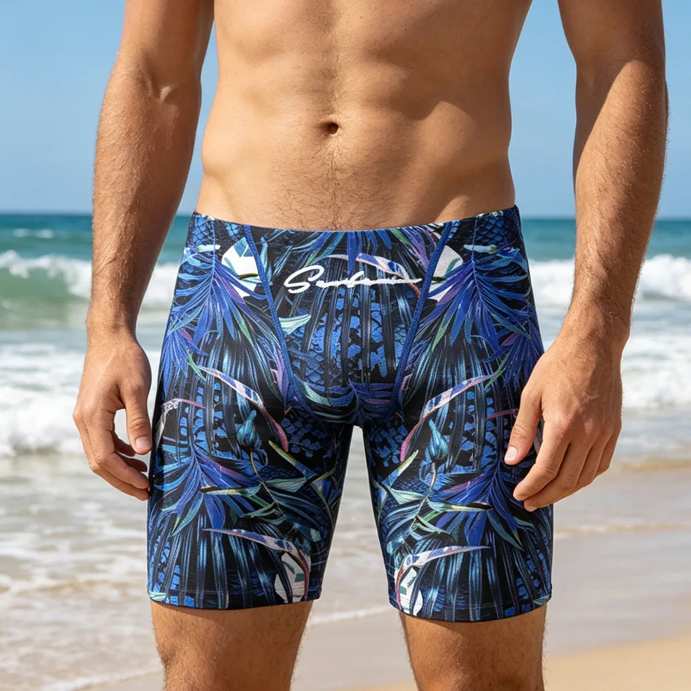 Men's Underwear Swimwear Palm Print Trunks 3/4 Length Long Boxer Swimming Suits for Male Beach Panties Ropa Interior Hombre
