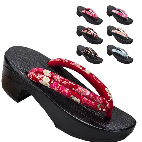 Halloween Women Japanese Geta Wooden Clogs Floral Fabric Strap Platform Flip Flops Traditional Kimono Cosplay Sandals
