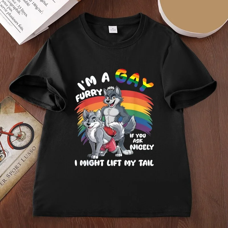 Men's Women's Fun Gay Furry Pride Month T-Shirt Rainbow Fox and Dog T Shirt LGBTQ Pride Tshirts Unisex Loose Round Neck Tops