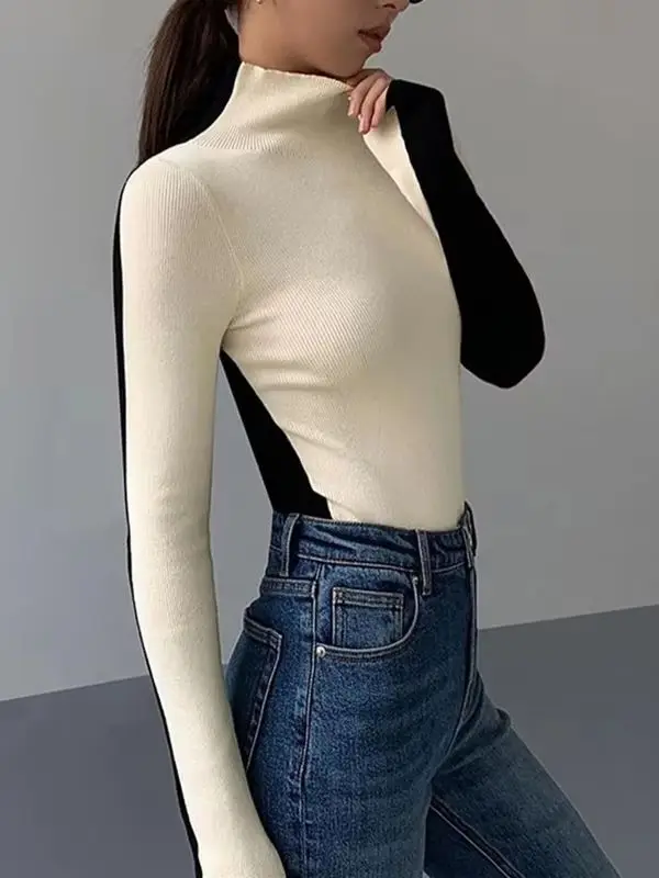 Women's Color Blocking Knitted Pullover Turtleneck Slim Long Sleeve Warm Soft Base Sweater Autumn Winter Female Tops