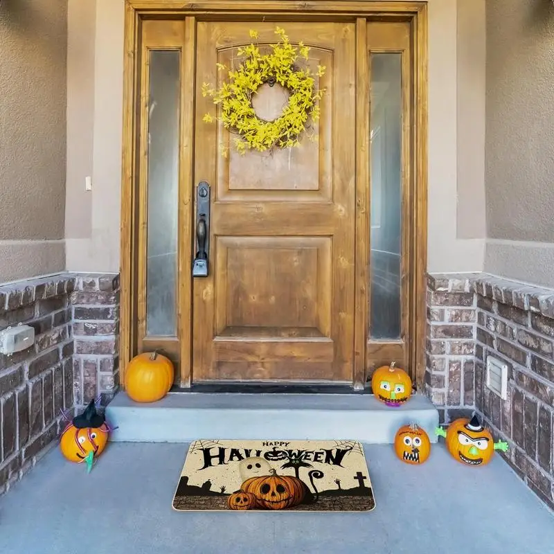 Halloween Front Door Mat Indoor Entrance Rug Seasonal Halloween Holiday Absorbent Mat 16x24 Inch Pumpkin Decorative Rug For
