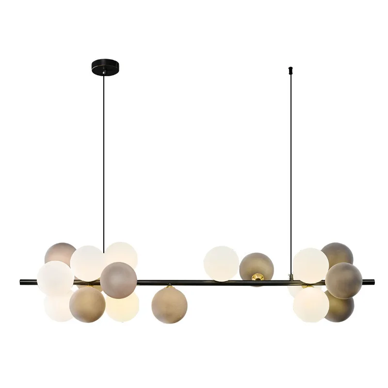 

All-copper long restaurant light, post-modern designer model room, dining table, bar counter, window, personalized chandelier