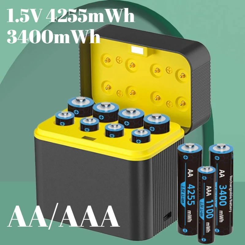 

With 1.5V 4255mWh/3400mWh Lithium Batteries 8 Slots with Smart Charger AA/AAA Fast Charging Battery Charger Set