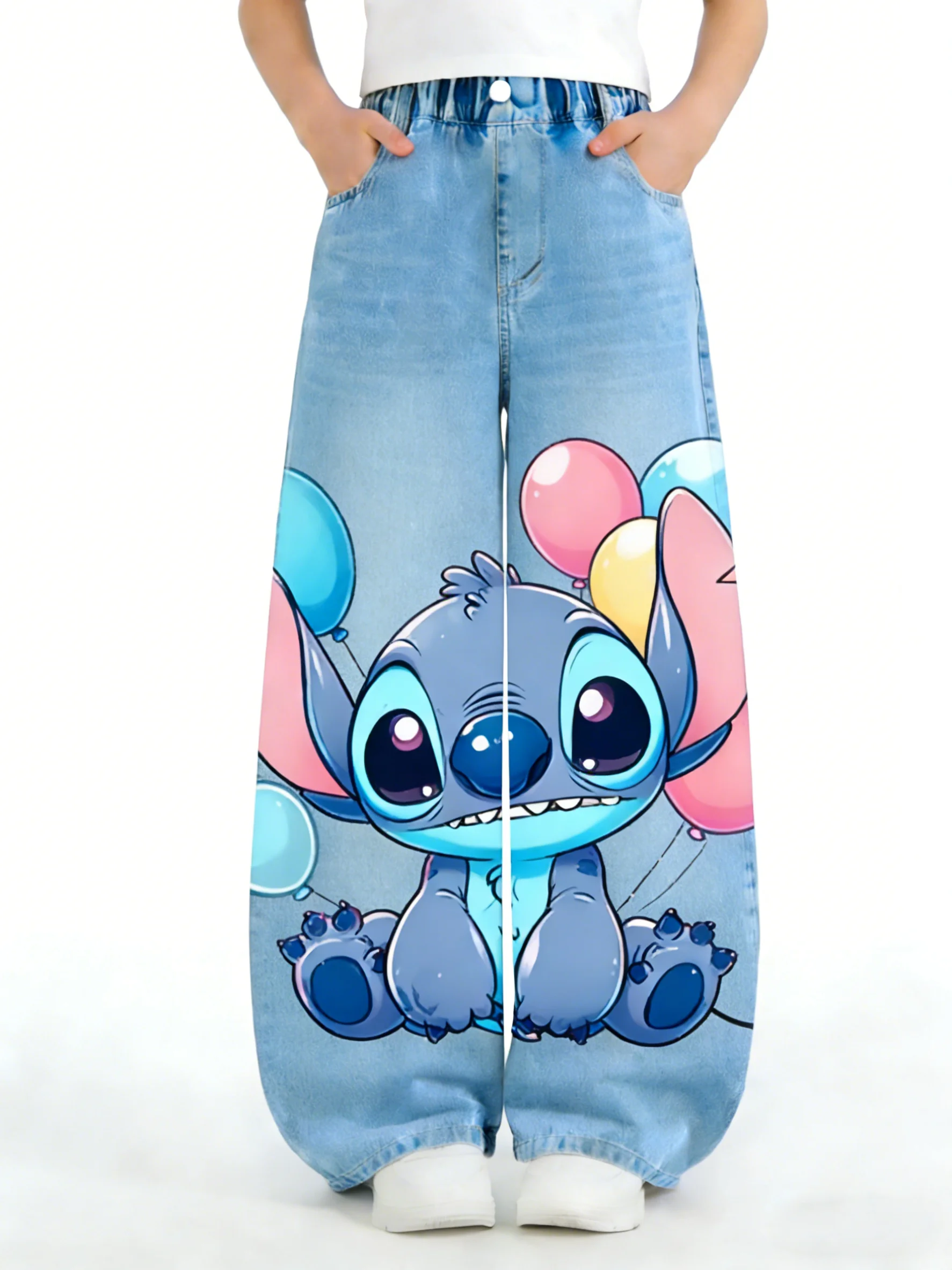 

Джинсы-ковбойки Stitch Disney для девочек, универсальные прямые брюки с мультяшным принтом для детей на осень и зиму