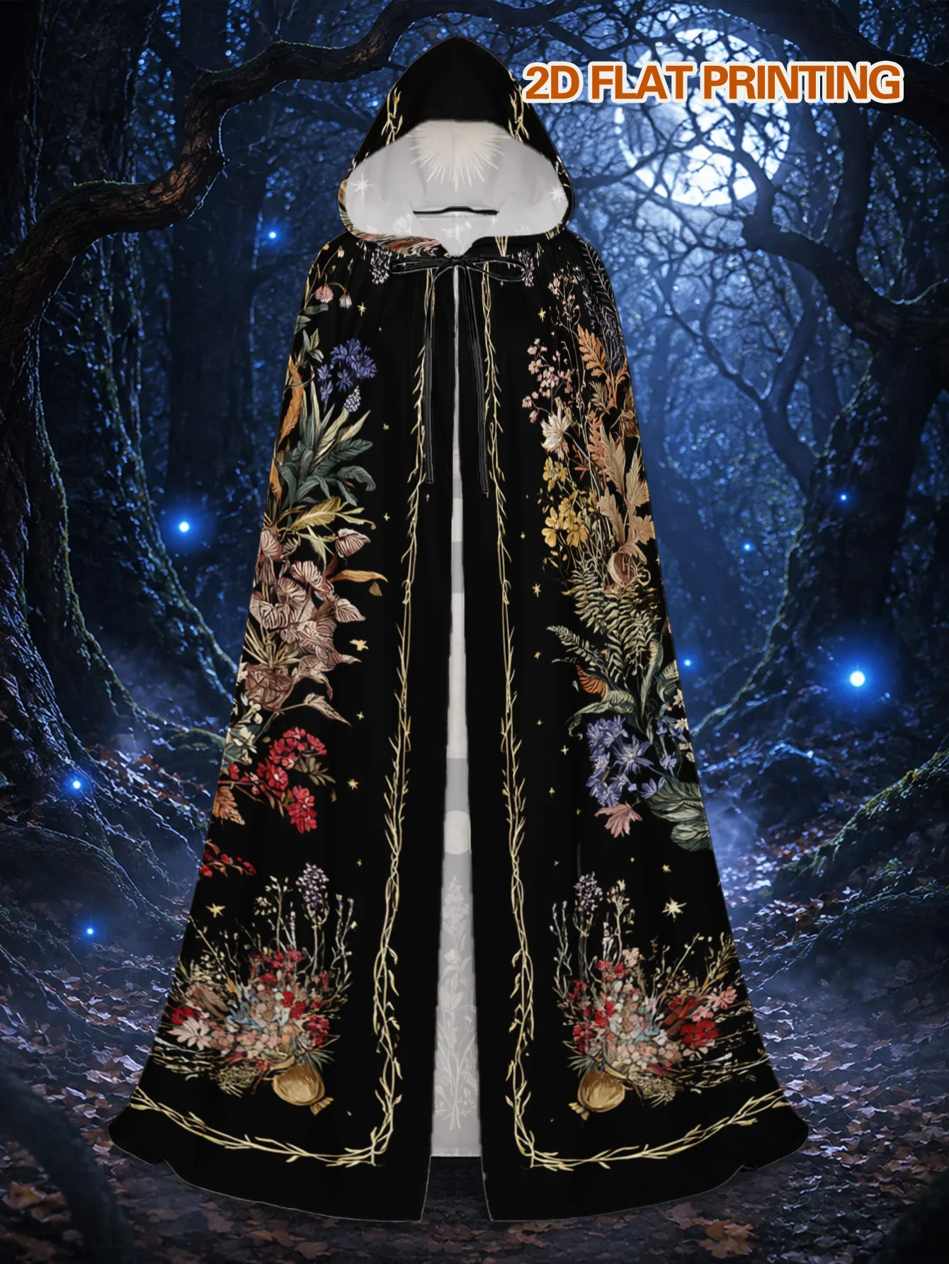 Customization 1pc, Adult Witch Cloak With Moon Phases Floral Illustration Print, Hooded Costume Robe For Halloween Haunted House