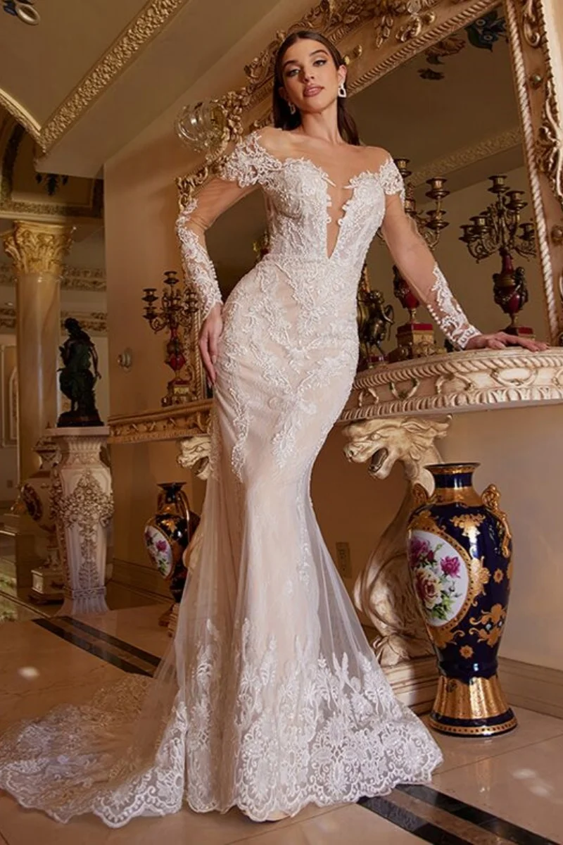 Elegant Lace Decal Mermaid Wedding Dress Sweetheart Off Shoulder Long Sleeve Women's Bride Dress Retro Party Dress Customized
