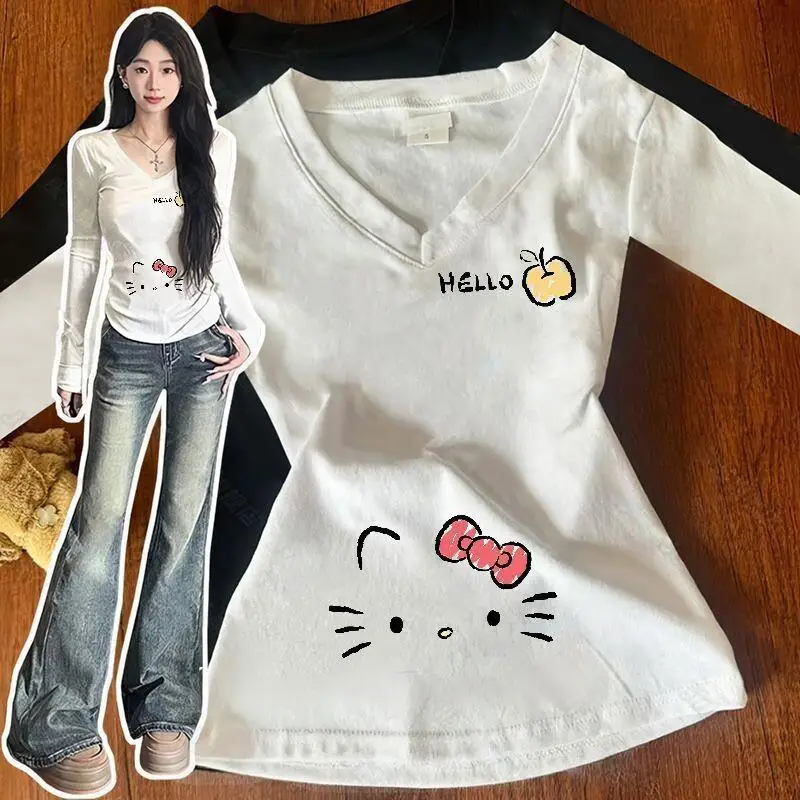 

Футболка Hello Kitty Sanrio Dopamine, хлопок, для женщин и студенток, модная, с длинным рукавом, V-образным вырезом, принтом, облегающая, милая