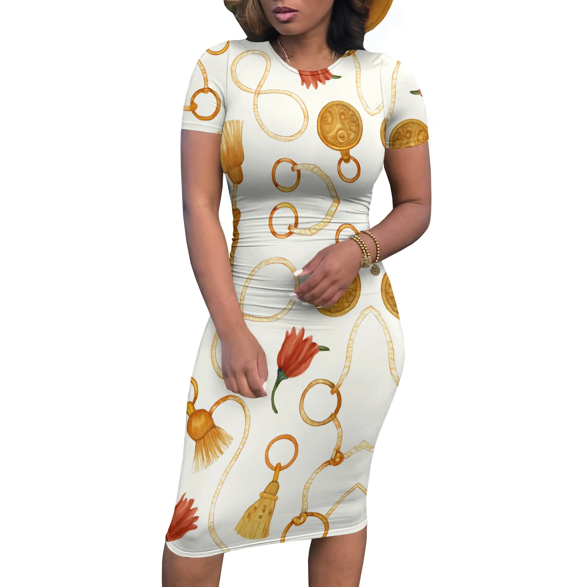 Women's Chain Print Bodycon Midi Dress Elegant Short Sleeve Stretchy Office Wear or Summer Brunch Outfit S-3XL