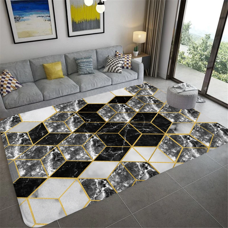 Black Gold Marble Modern Luxury Carpets for Living Room Bedroom Large Area Rugs Green Geometric 3D Printed Carpet Home Floor Mat