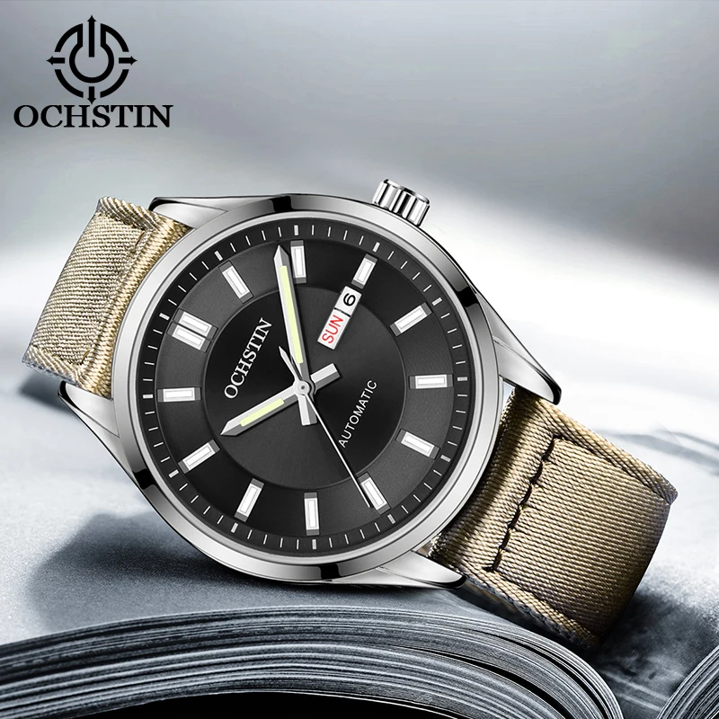 OCHSTIN Men Mechanical Watch Classic Automatic Date Day Luminous Dial Leather / Nylon Strap Male Business Gift Dress Wristwatch