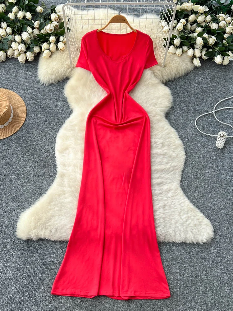 夏の純粋な欲望 レディースドレス ハイウエスト Aライン 半袖 Vネック ボディコン ロングスカート セクシー シティ通勤 韓国風