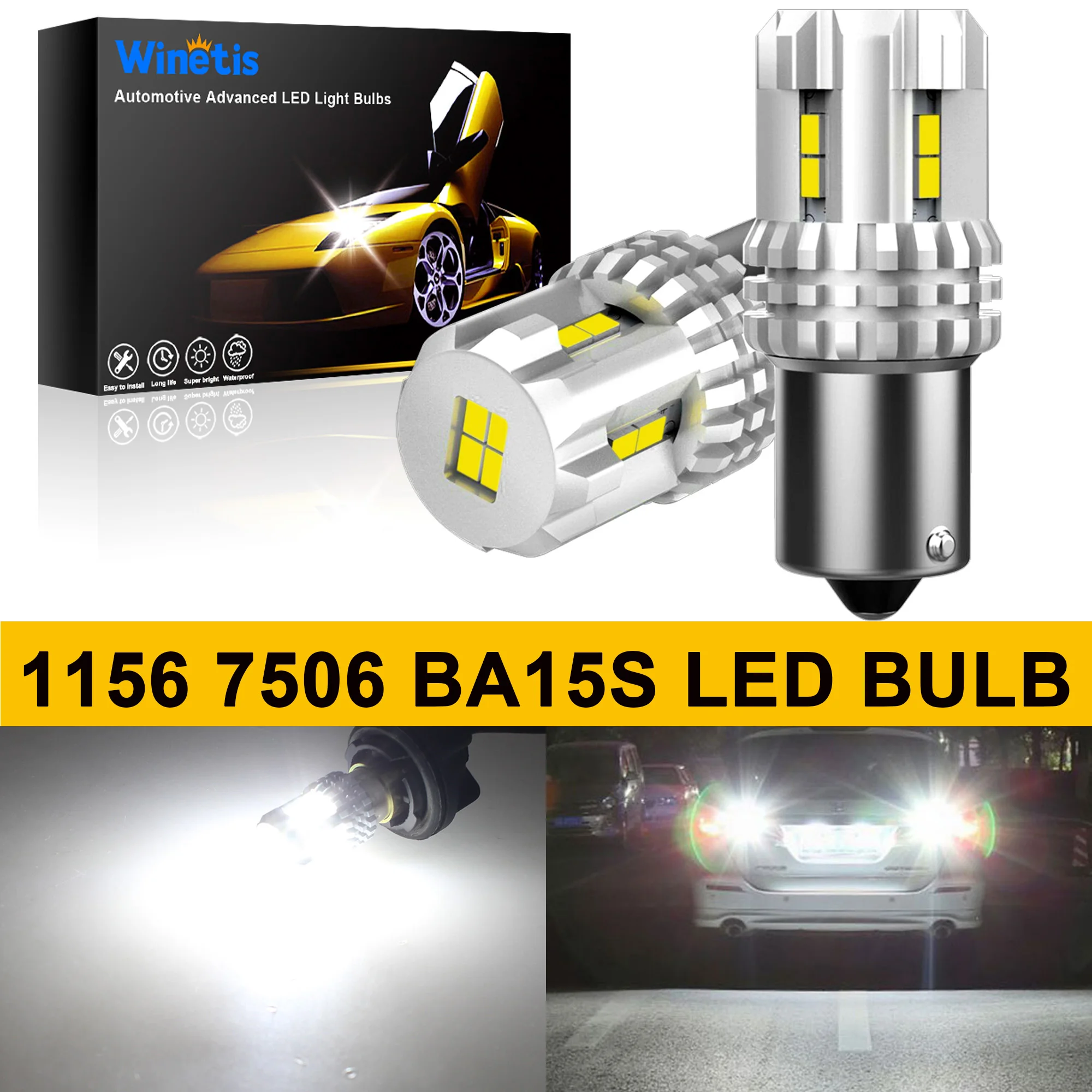 

Winetis 2X 1156 7506 BA15S P21W LED Tail Brake Stop Backup Reverse Turn Signal Light Bulbs 6000K White Canbus Error Free