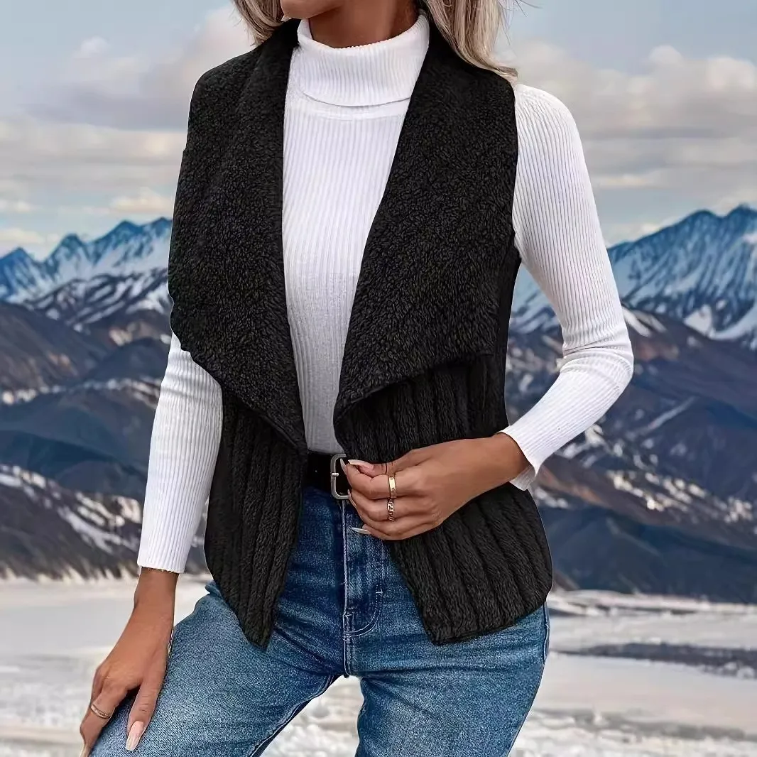 Casual Open Front Coat with Waist Cinched Notched Lapel Japanese Korean Casual Regular Length No Button Closure Women Vest