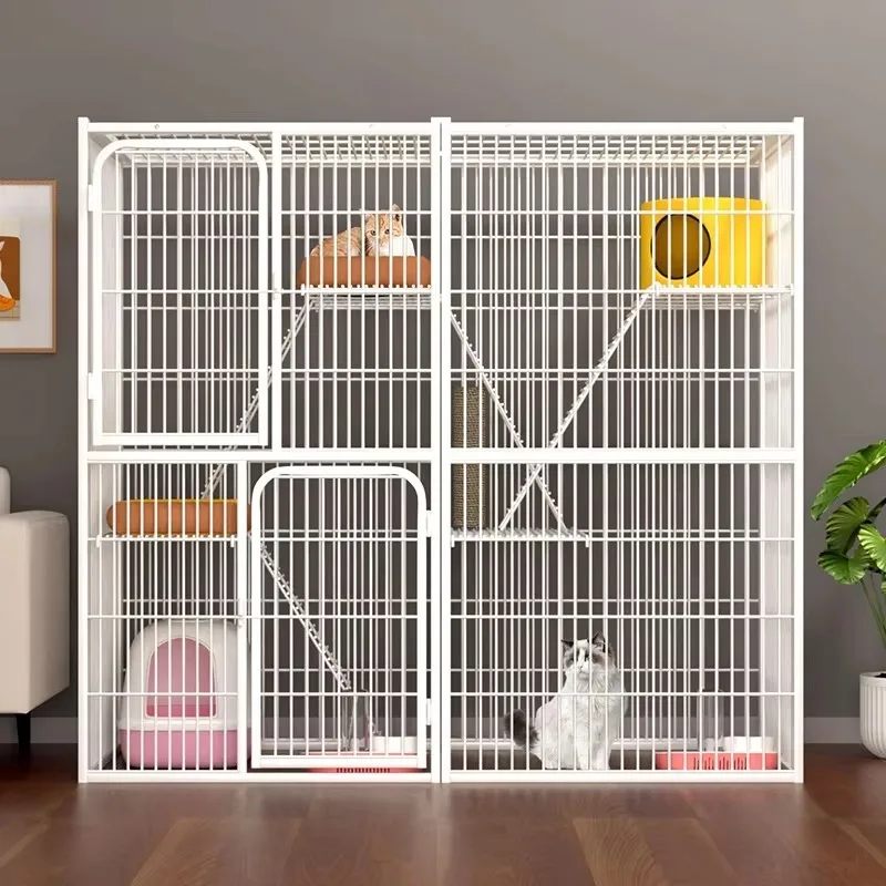 Encrypted and reinforced large multi-layer metal pet cage villa with hammock wheels, 3-4 floors indoor cat enclosure