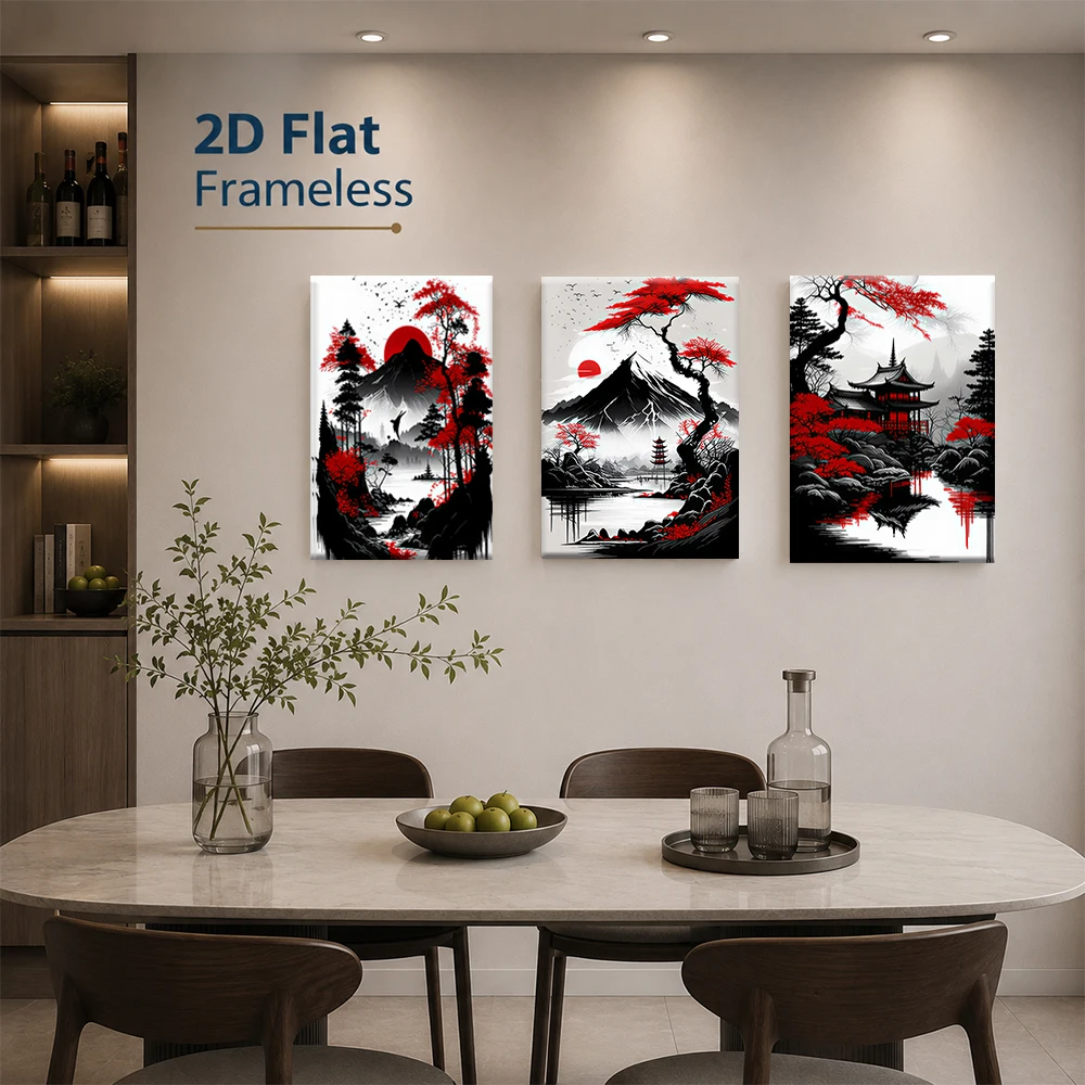 3pcs frameless Canvas Painting 1 Set New Chinese Ink Landscape Red Maple 3-Piece Frameless Wall Art, 2D Flat
