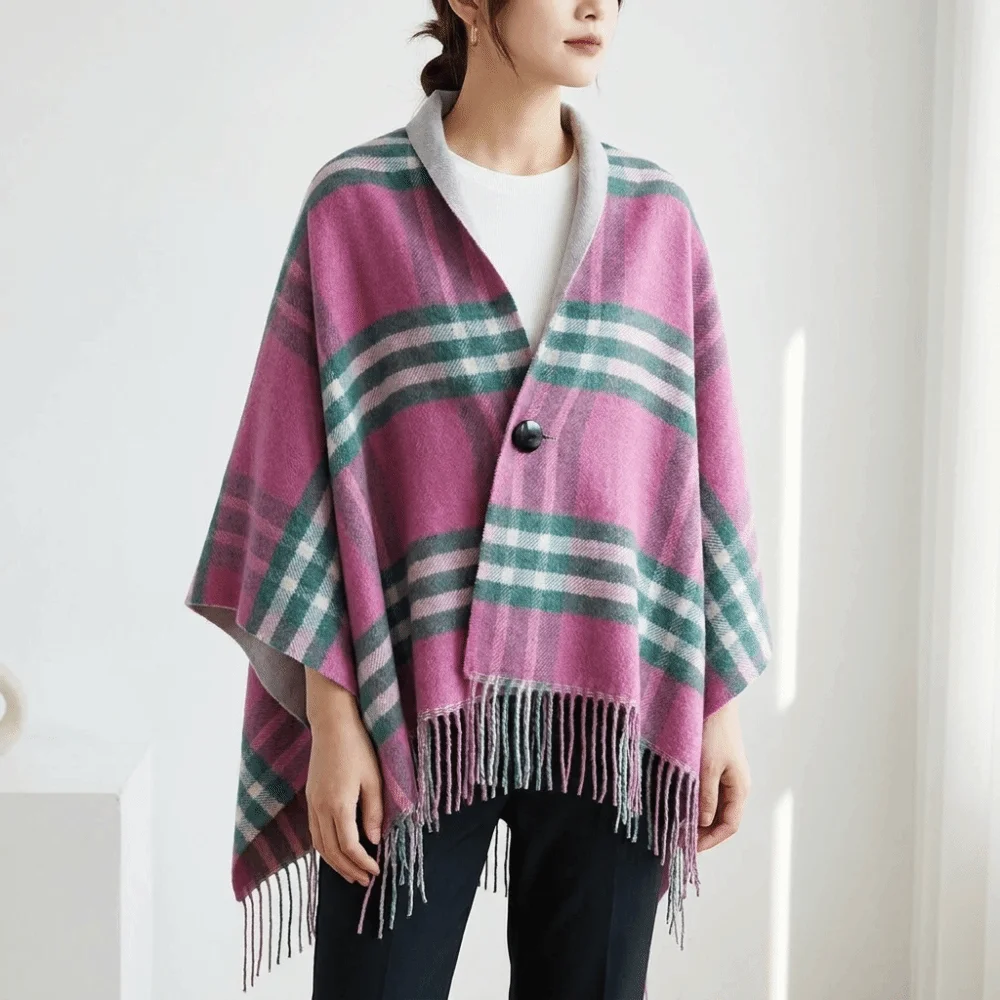Multi-Functional Double‑Sided Plaid Poncho Shawl Thick Knit Faux Wool Blanket Shawl Button Closure Tassel Trim