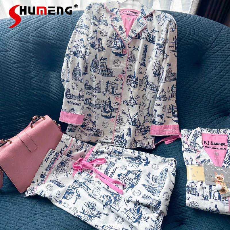 

Warm Homewear Set for Ladies Cotton Brushed Autumn Winter Long Sleeve Long Pants Women's Japanese Style Sweet Sleep Suits