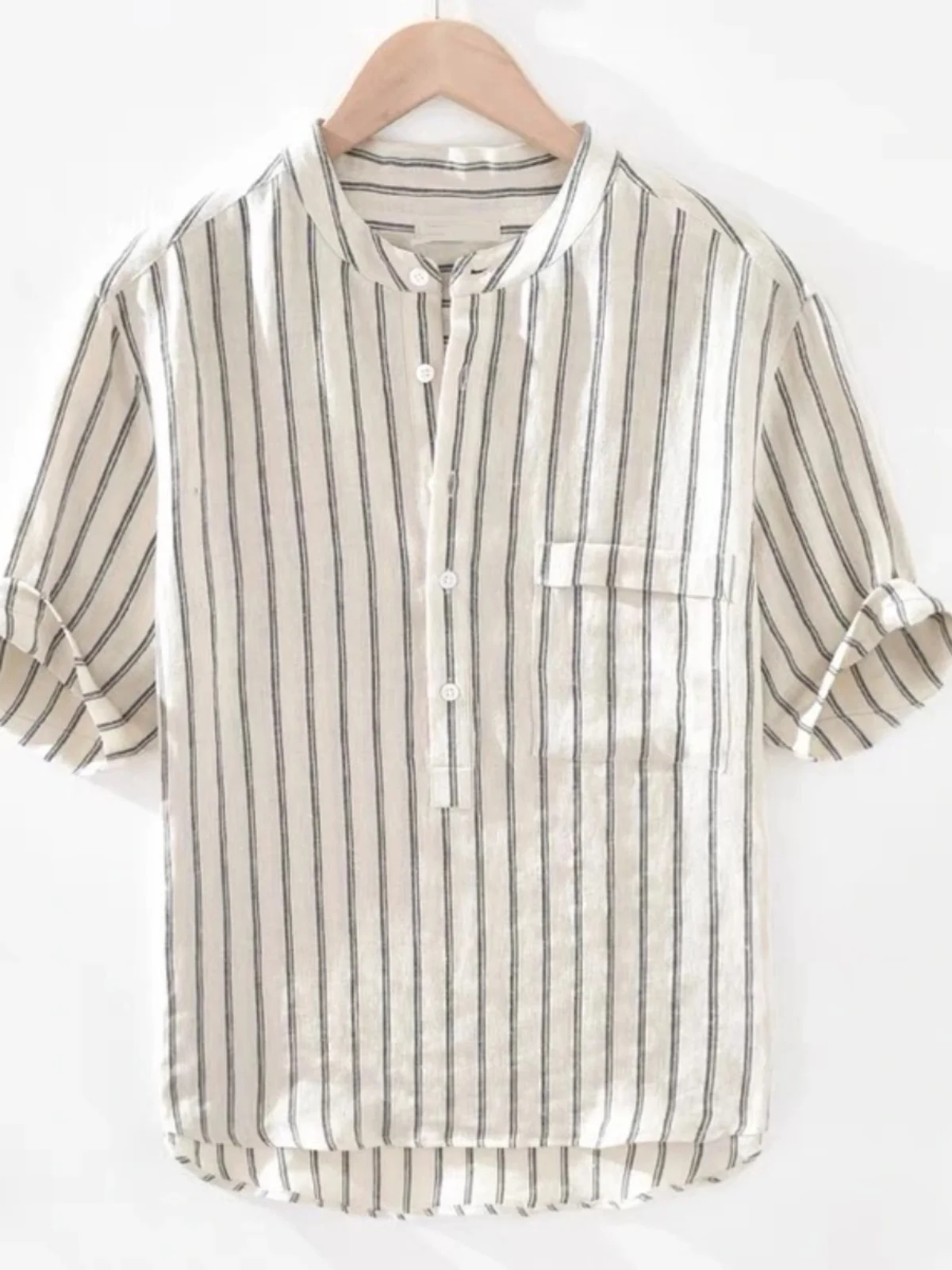 Loose Fit Ice Silk Linen Men's Shirt Short Sleeve Summer Cotton Linen Half Sleeve Striped Pattern Japanese Style Top