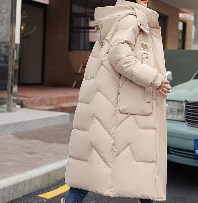2025 Winter New Detachable Hat Cotton Jacket for Women  Mid To Long Size  Over Knee Thickened Cotton Jacket