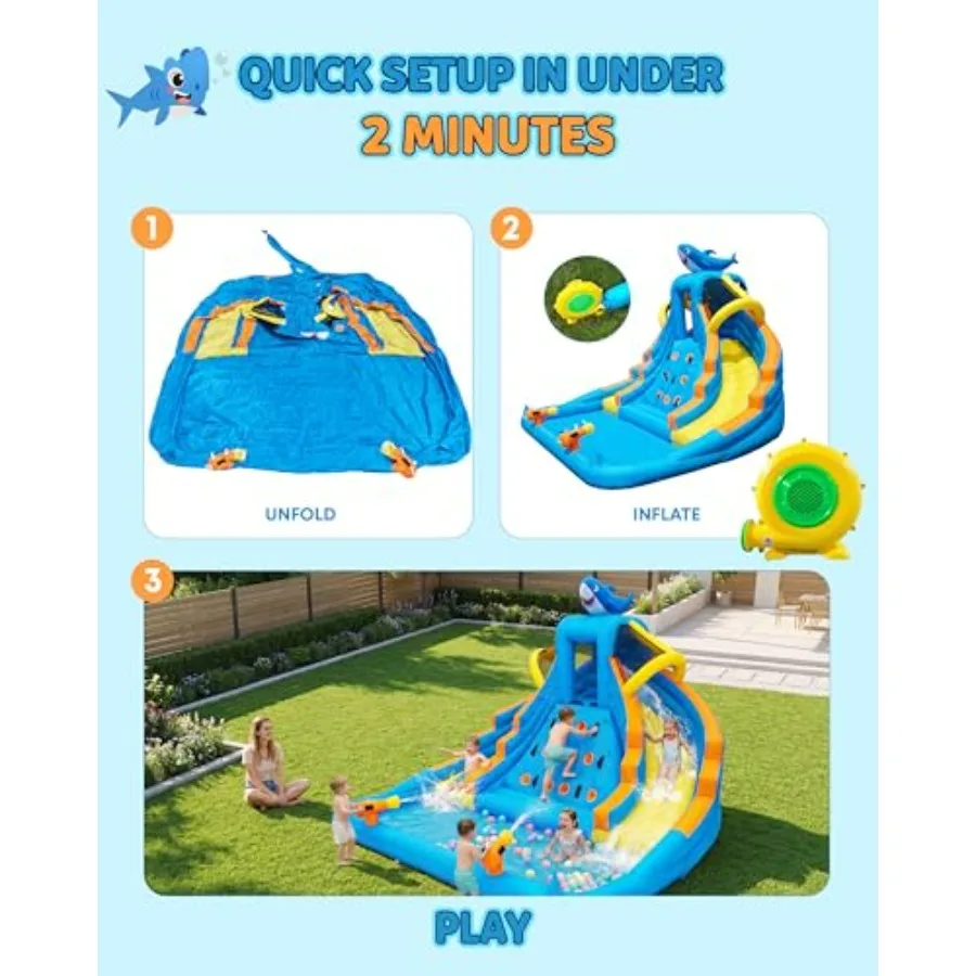 Backyard kids inflatable bounce house water park: PVC, blue/red, 13ft double lane slide with splash pool, climbing wall, water view 6