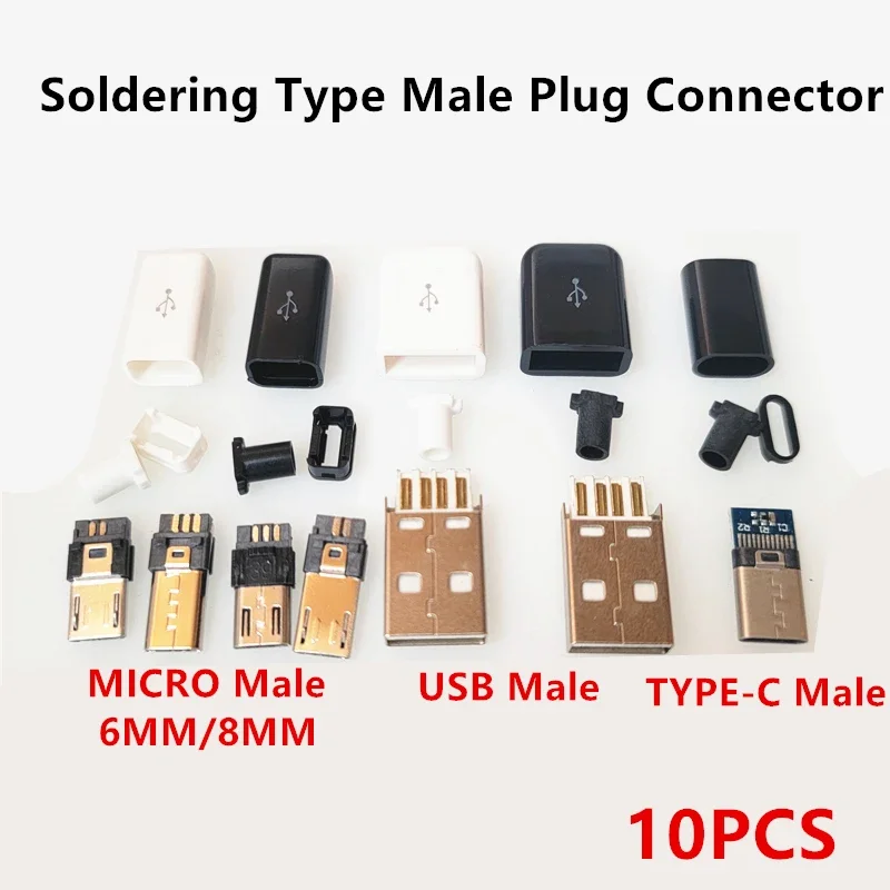 

10set Micro USB 5Pin Soldering Type Male Plug Connector Charger 5P MicroUSB Tail Charging Socket Repair Plugs 4 in 1 Black White