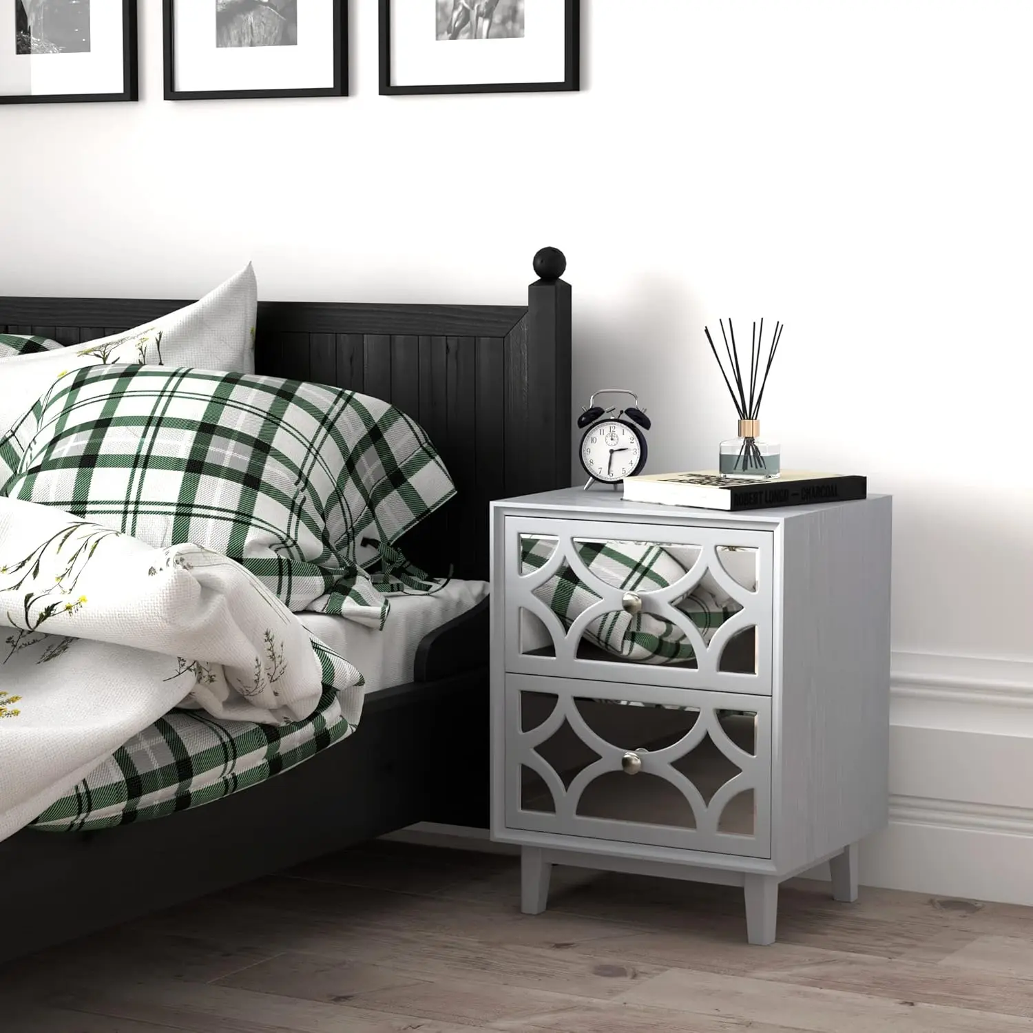 Modern Contemporary Nightstand 2-Drawer Front Mirror Nightstand for Small Spaces Bedroom Light Gray Metal knobs round