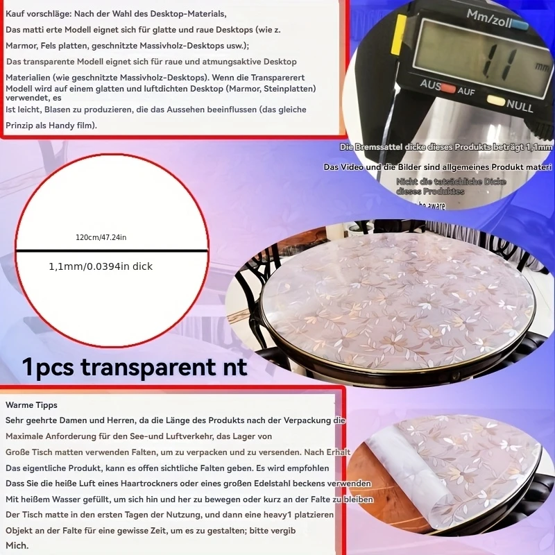 120cm Round Table Mat PVC 1.1mm Transparent Matte Daisy Flower Tablecloth Heat Resistant Waterproof Furniture Cover Soft Glass view 3