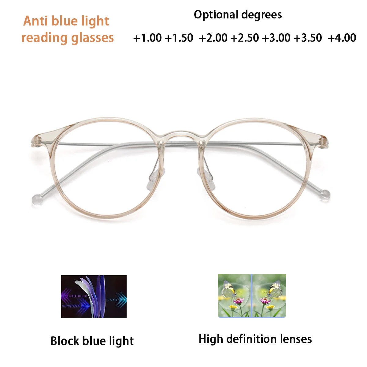 

Fytoo Anti - Blue Light Reading Glasses Unisex Fashion Round Frame Presbyopic Eyeglasses with Multiple Diopters 91202