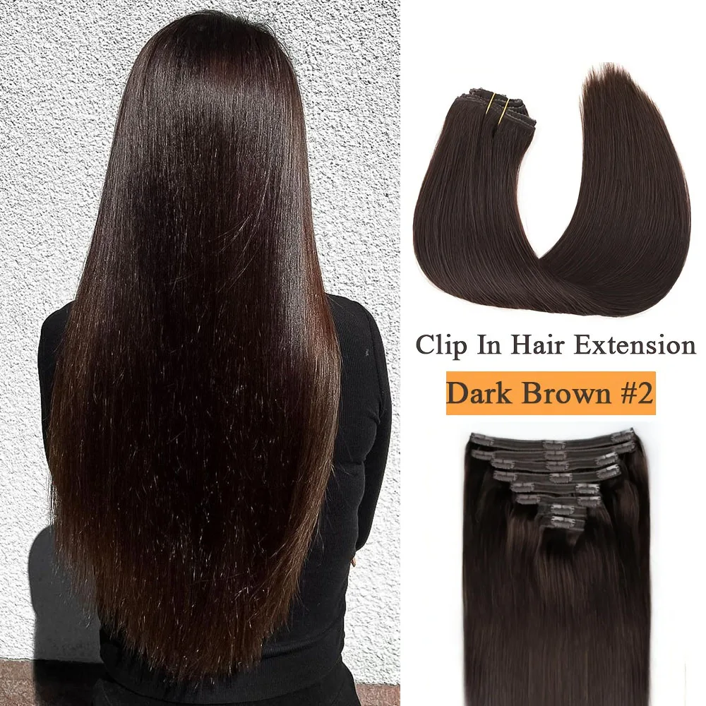 8Pcs Straight Hair Clip In Hair Extensions Human Hair #2 Dark Brown 100% Unprocessed Brazilian Remy Virgin Human Hair For Women