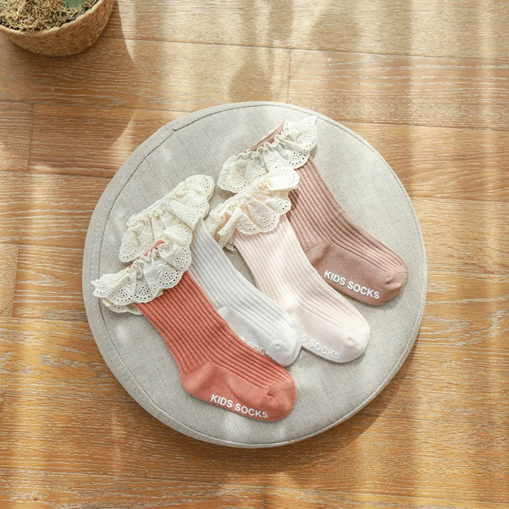 Non Slip Dots Baby Socks Mid Calf Length Soft Fabric Kids Mid Calf Socks Lace Trim Anti Skid Bottom Toddler Floor Socks
