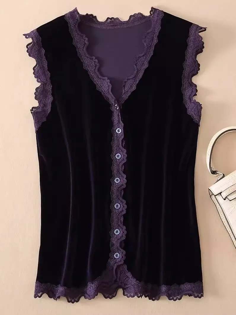 Autumn And Winter Versatile Gold Velvet Lace Vest Sleeveless Camisole Top 2025 Spring Fashion Women Shirt Jacket Blouse A789 ﻿