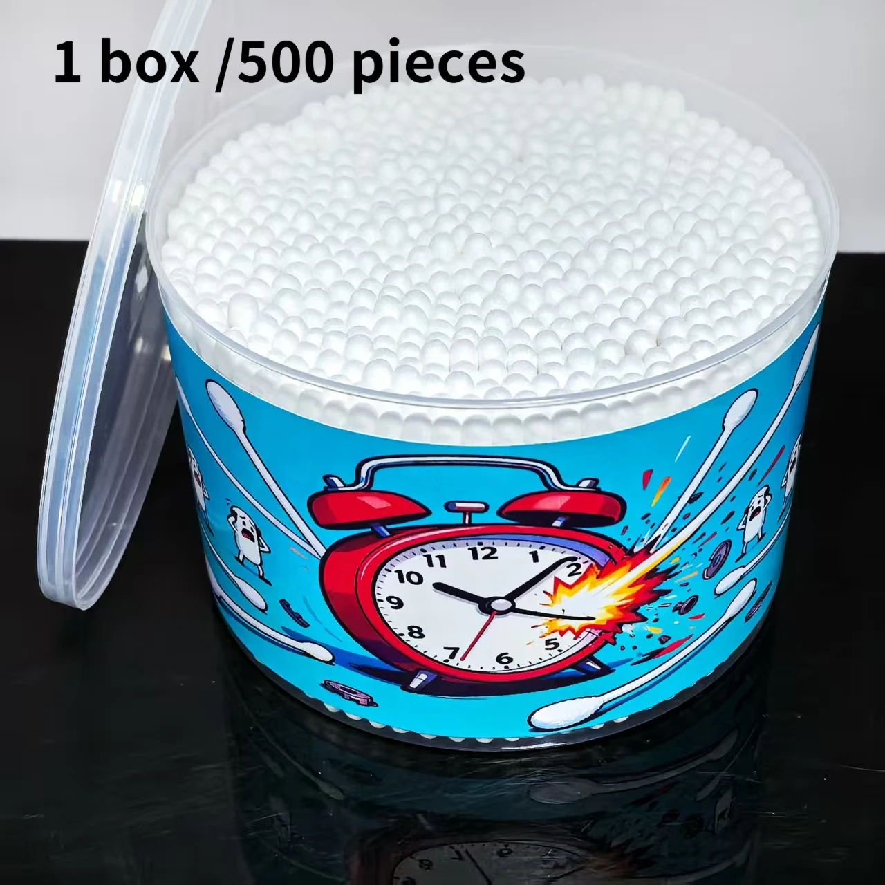 500개 알람 시계 패턴 창의적인 버킷 사이즈 면봉, 성인용 둥근 양면 청소용 특수 면봉