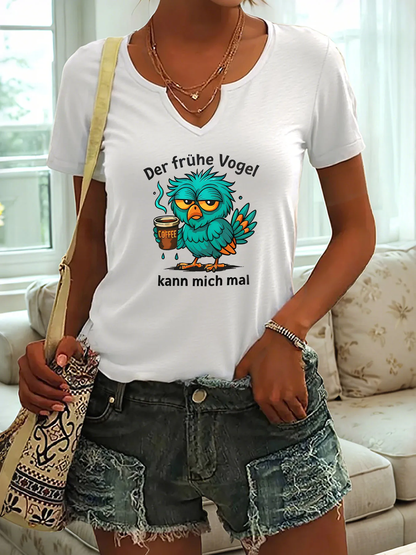 Lazy Bird Coffee Patterned Printed T-shirt, Casual and Fashionable Notched V-Neck Rolled Sleeve Short-Sleeved Women's Shirt