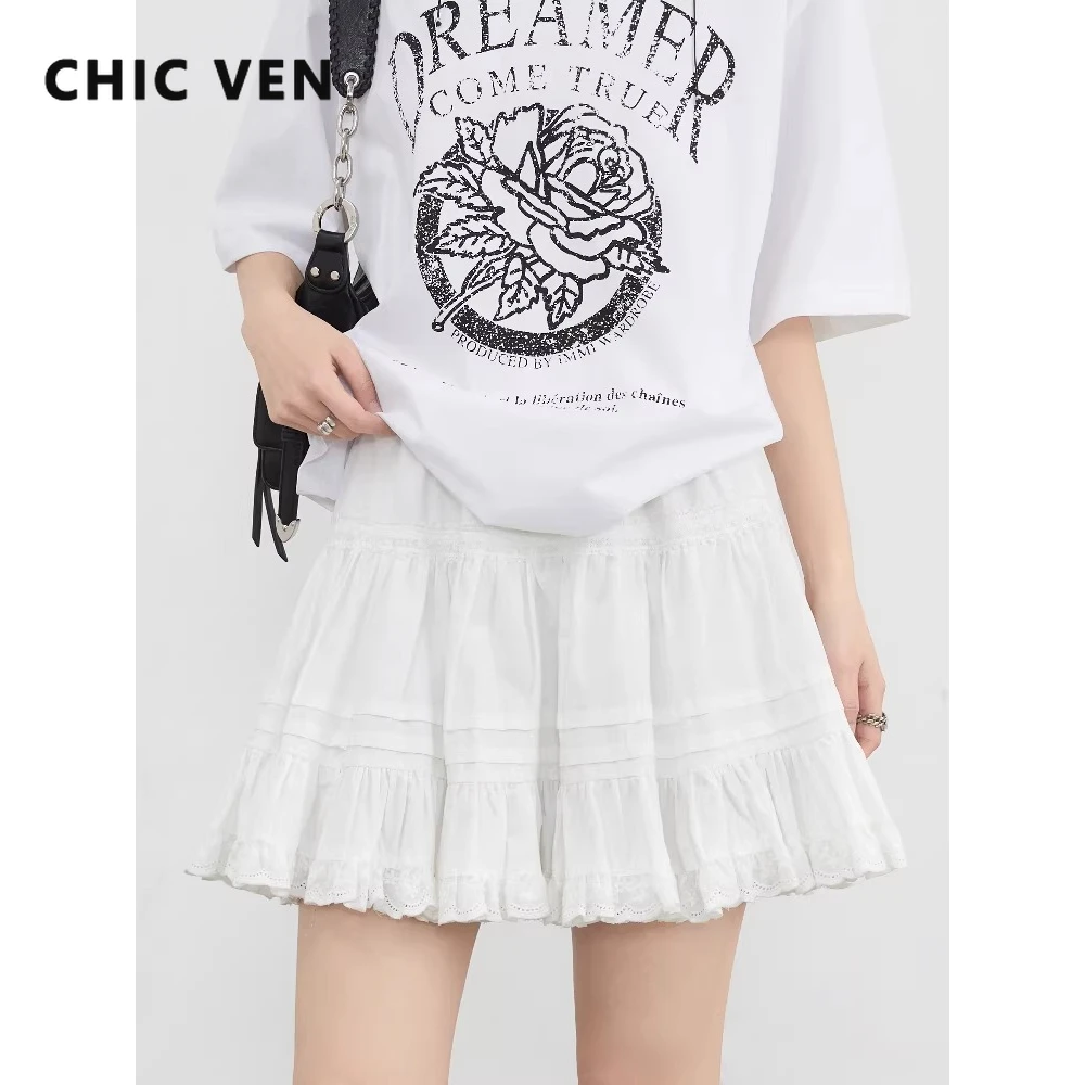 CHIC VEN Korean Women Skirts White Elastic Waist A Line Loose Casual New Cotton Female Short Pleated Skirt Spring Summer 2026