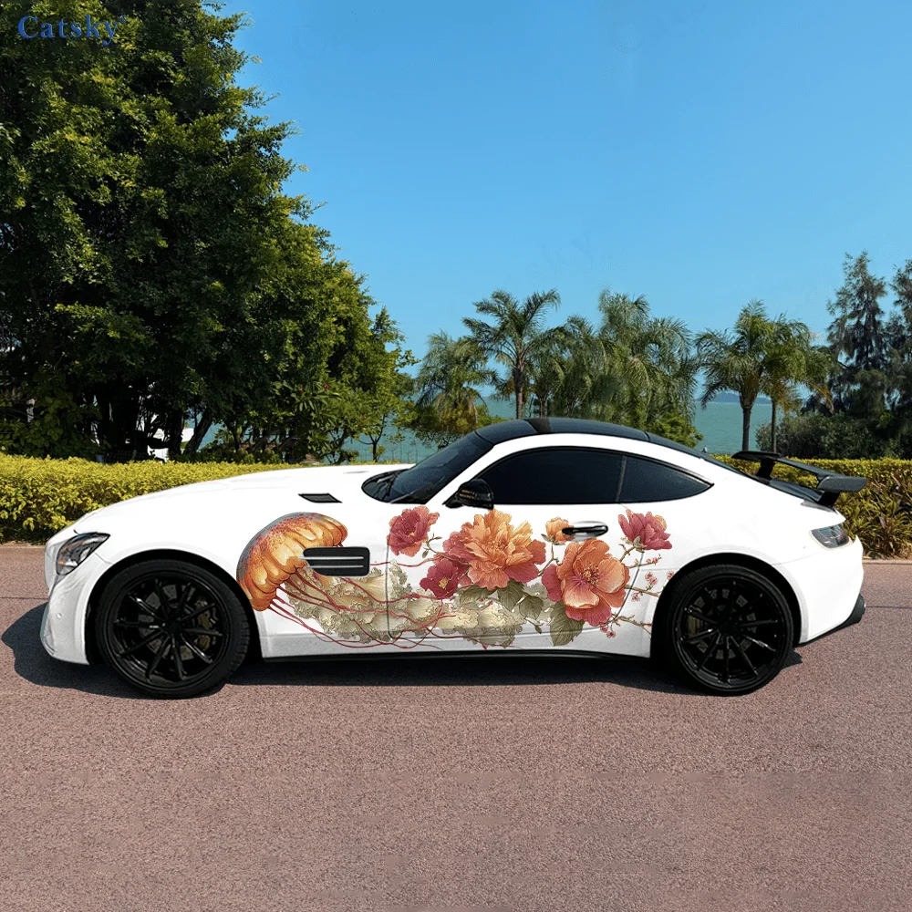 Colourful Flower Jellyfish Car Vinyl Wraps Decal Self-adhesive PVC Sticker Suitable for Trucks SUV Decor Auto Accessories Gift