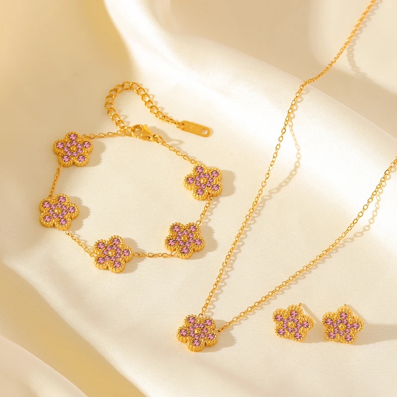 EILIECK New Fashion Stainless Steel Pink Zircon Clover Necklace Bracelet Earrings Set For Women Trendy Flower Jewelry Set Gift