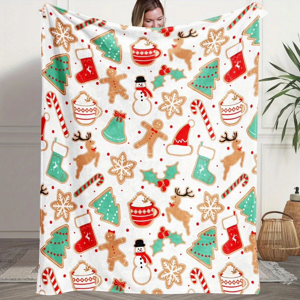 Christmas Cookie Candy Cane Stocking Print Throw Blanket Soft Flannel Holiday Bed Sofa Couch Christmas Home Bedroom Decor Gift