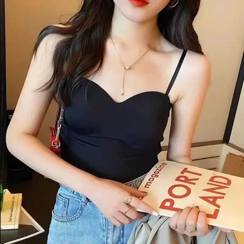 Summer Sexy Top Women Slim Thin Straps Camisole Sleeveless T-Shirt with Cups Solid Color Tank Tops Ice Silk Comfortable Sling