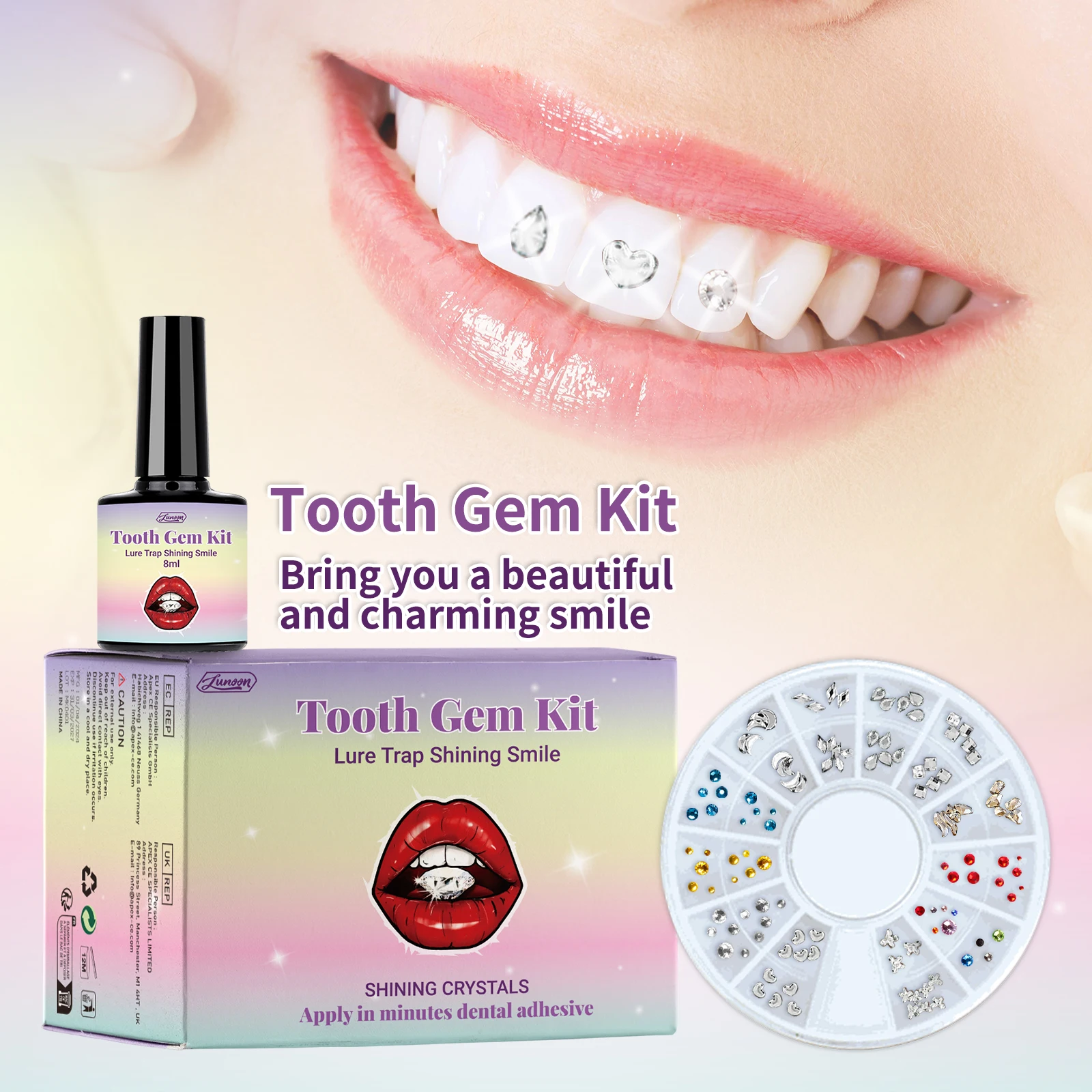 LUNOON DIY Shining Tooth Gem Kit with UV Lamp - Instant Smile Sparkle, Safe Dental Adhesive, 8ml Glue & Crystals (100*50*75mm)