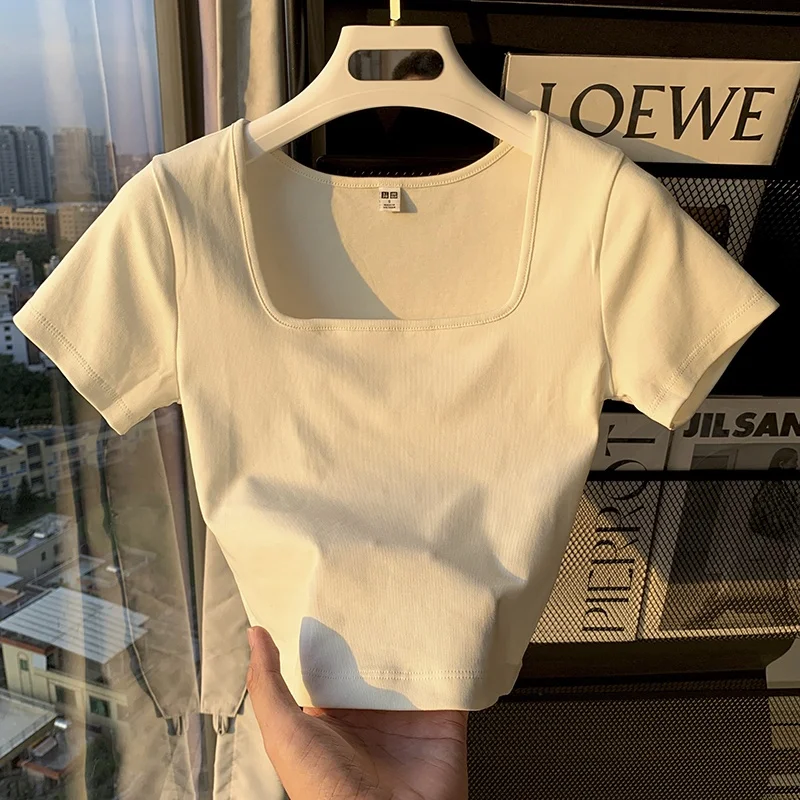 

Slim Fit ort Sve Pure Cotton Base irt Квадратный воротник ow Skeleton Летняя футболка женская Faionable корейский сле