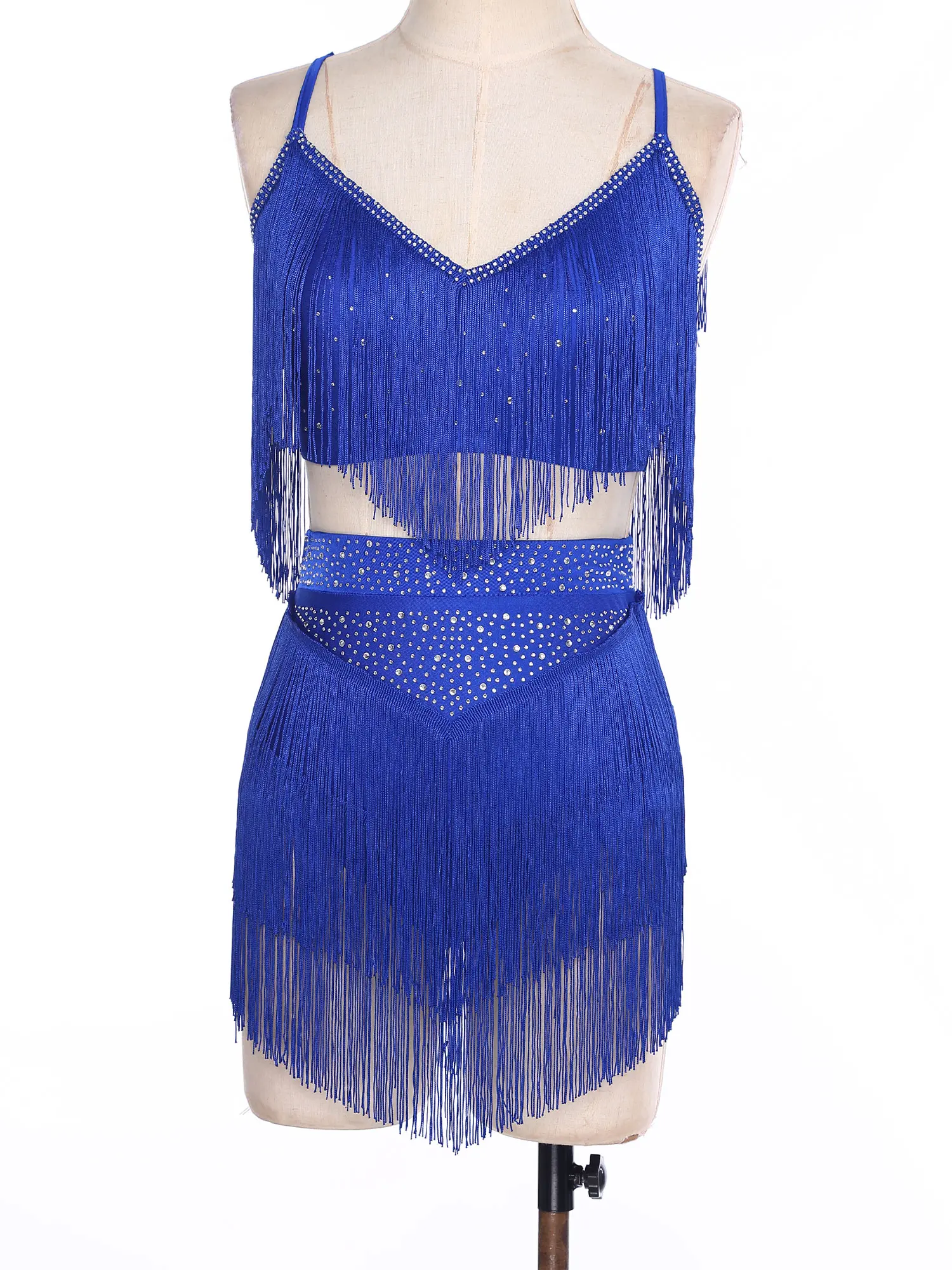 2 pezzi donne salsa costumi di danza latina tango dancewear scollo a V senza maniche incrociato sul retro frangia crop top + gonna nappe a strati