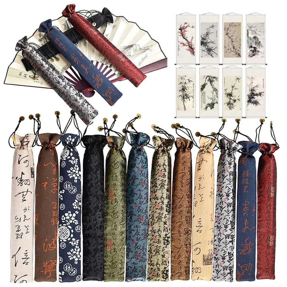 Chinese Brush Calligraphy Paintings Bag Gifts Packing High-end Folding Hand Fan Bag Vintage Brocade Flute Protector Case Cover