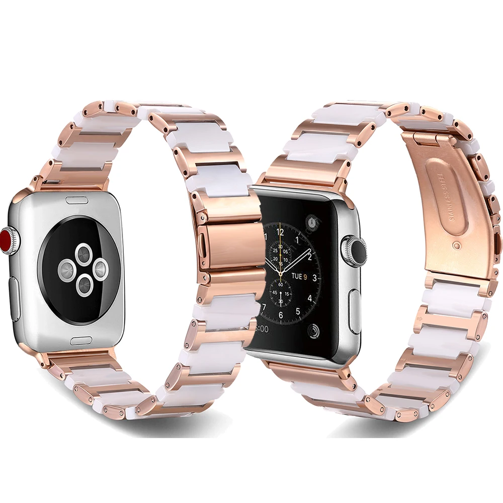 Apply To For AppleWatch Serie 7/6/5/4/3/2/1 42/44/45MM Stainles Steel Ceramics Link Strap Metal Buckle Clasp iWatch 38/40/41MM