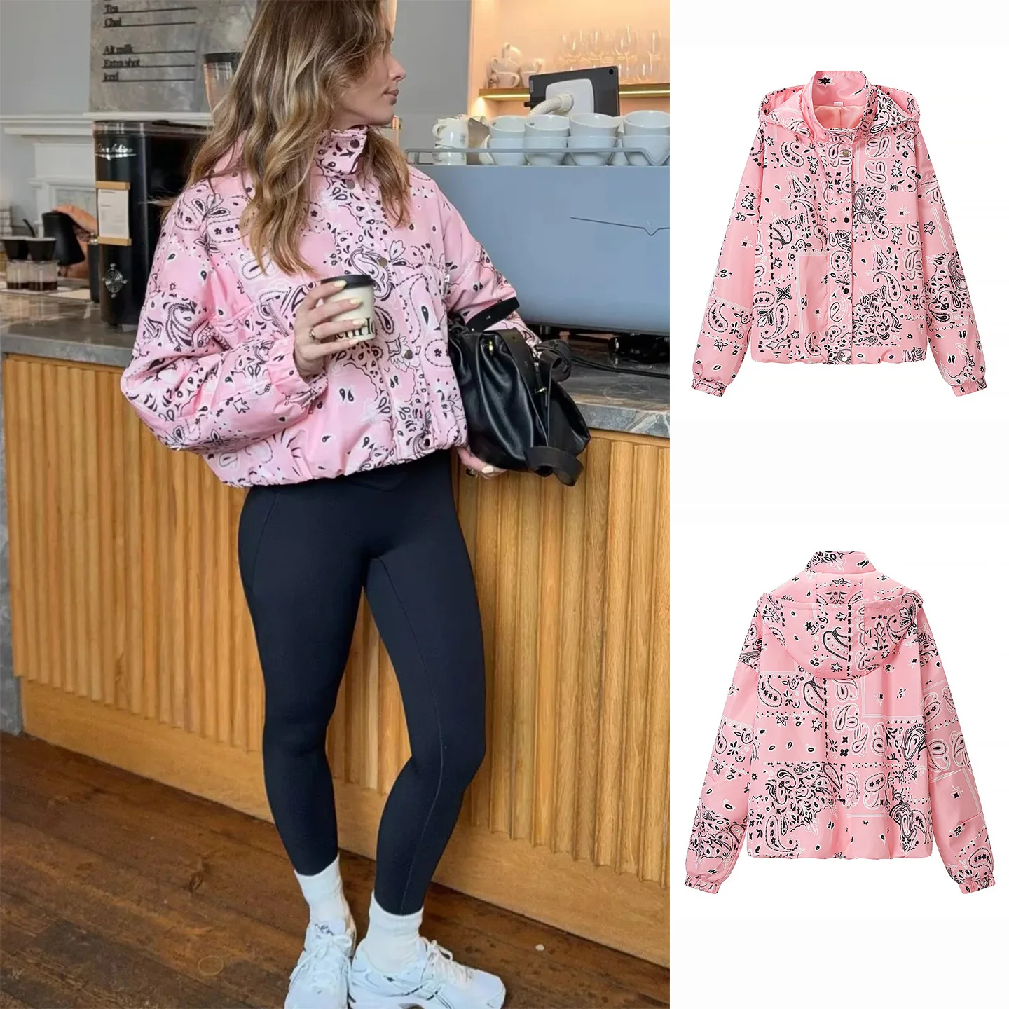

Spring Summer New Women's Commuter Style Long Sleeve Hooded Zipper Jacket Print Casual Short Coat Stand Collar Windbreaker