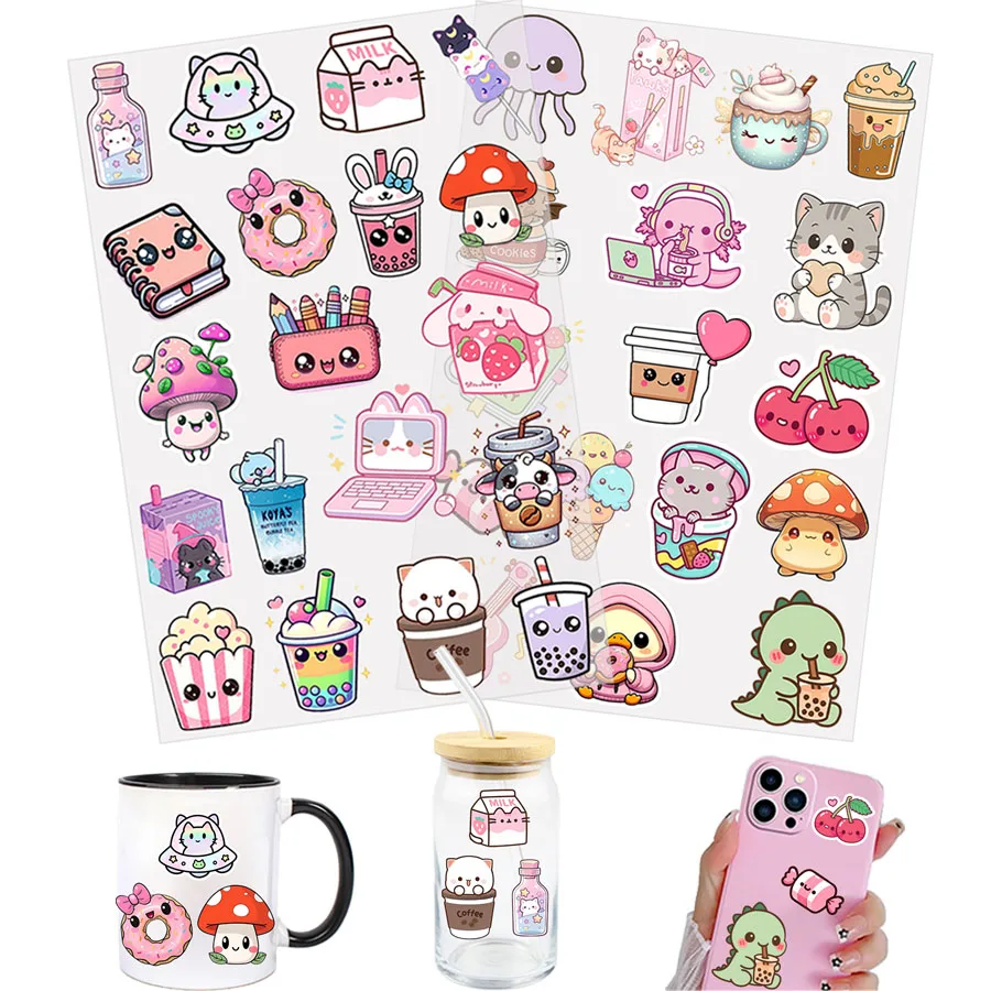 2 Stück Kawaii Niedliche Cartoon DIY UV DTF Abziehbilder für Glasbecher, Transferaufkleber für Tassen, Flaschen, Junk Journals, Handydekoration, Geschenke