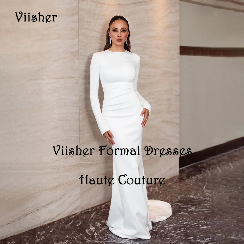 

White Satin Mermaid Evening Dresses Long Sleeve O Neck Prom Party Dress with Train Simple Wedding Party Gowns