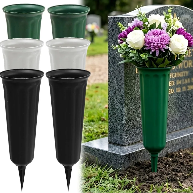 Grave Flower Vase Weatherproof Plastic Spike for Ground Insertion Anti Fade UV Protect Outdoor Cemetery Decor White Black Green