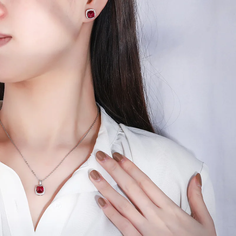 Jewelry S925 Sterling Silver Red Gemstone Sugar Tower Inlaid Diamond Pendant Earrings Main Stone 8*8